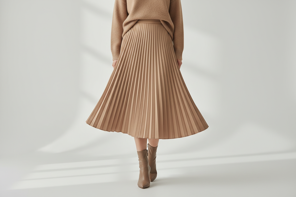 Jupe midi plissée élégante avec plis permanents structurés, taille haute ajustée, longueur midi sophistiquée, vue de face montrant les plis verticaux raffinés et la silhouette A-line flatteuse