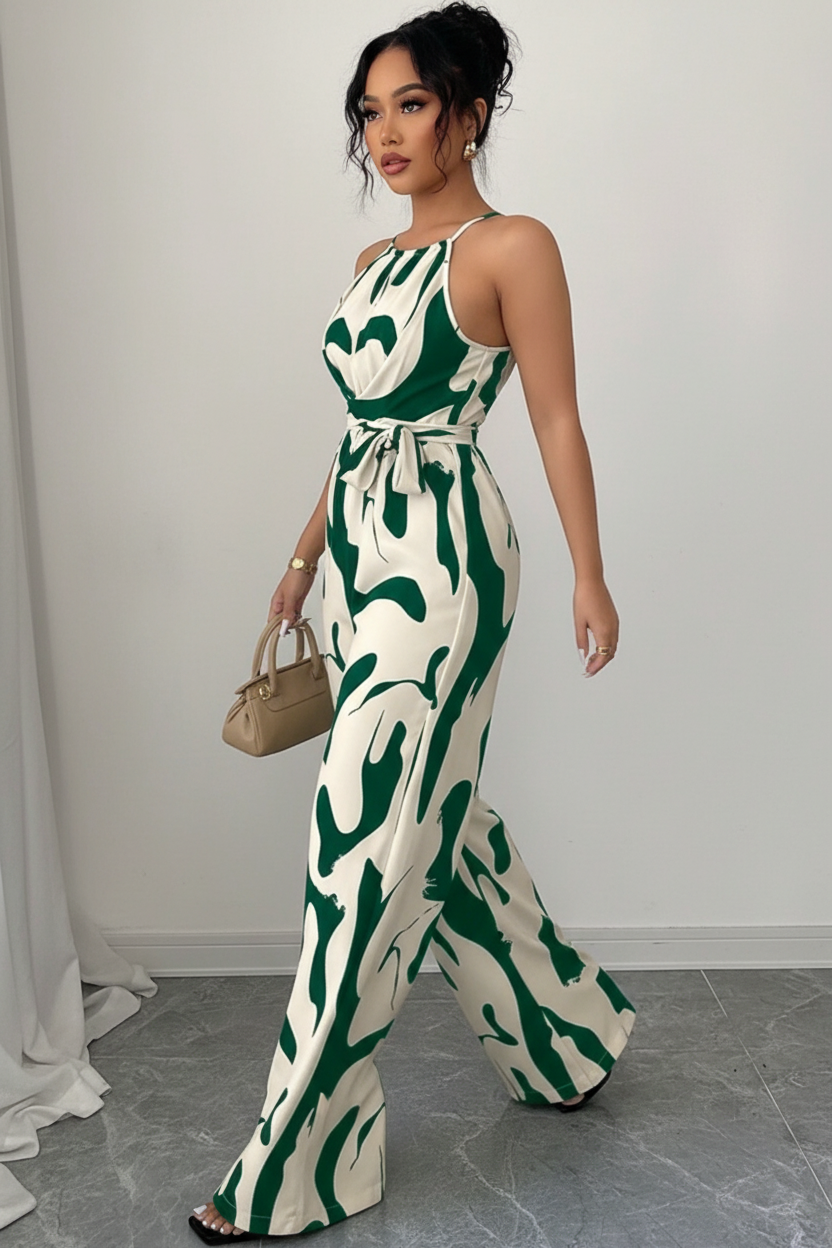 Combinaison pantalon large imprimé abstrait vert émeraude et blanc crème avec encolure halter, fronces au buste et ceinture nouée à la taille - vue de face complète montrant le fond blanc crème lumineux avec imprimé abstrait vert émeraude audacieux, la silhouette élancée du pantalon large fluide, et la ceinture qui affine la taille - Mannequin en mouvement dynamique sur fond blanc studio - Collection mode féminine accessible premium Black-Coat