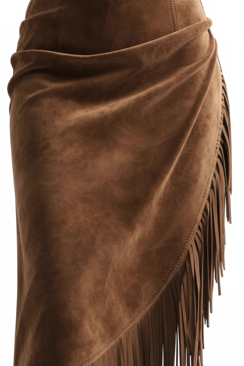 Jupe asymétrique franges suédine marron style bohème grande taille - détail rapproché de la texture suédine premium douce luxueuse, qualité du matériau, couleur marron riche, finitions soignées - BLACK-COAT
