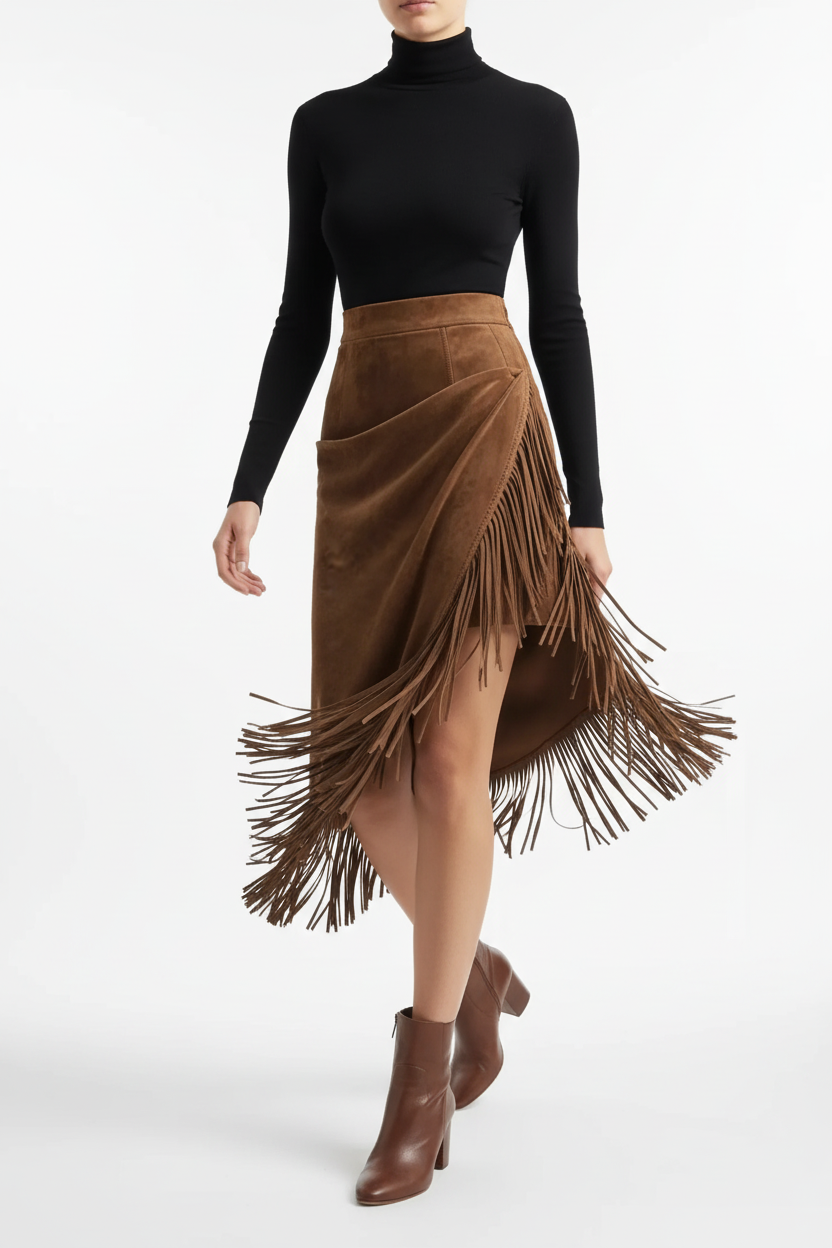 Jupe asymétrique franges suédine marron style bohème grande taille - vue en mouvement montrant les franges et coupe asymétrique créant mouvement dynamique élégant, effet moderne bohème en action - BLACK-COAT