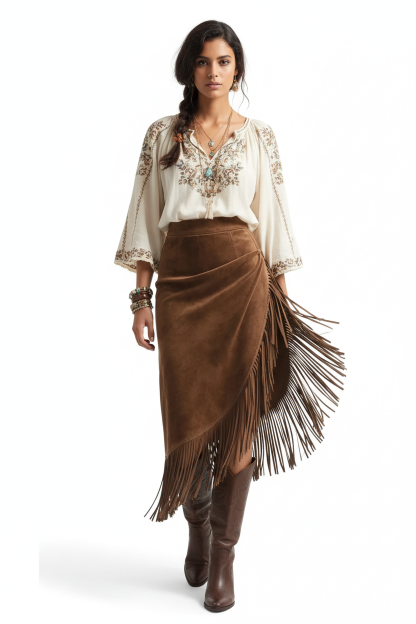 upe asymétrique franges suédine marron style bohème grande taille - stylée pour look bohème-chic montrant l'esthétique bohème audacieuse, expression de personnalité, style raffiné sophistiqué inclusif - BLACK-COAT