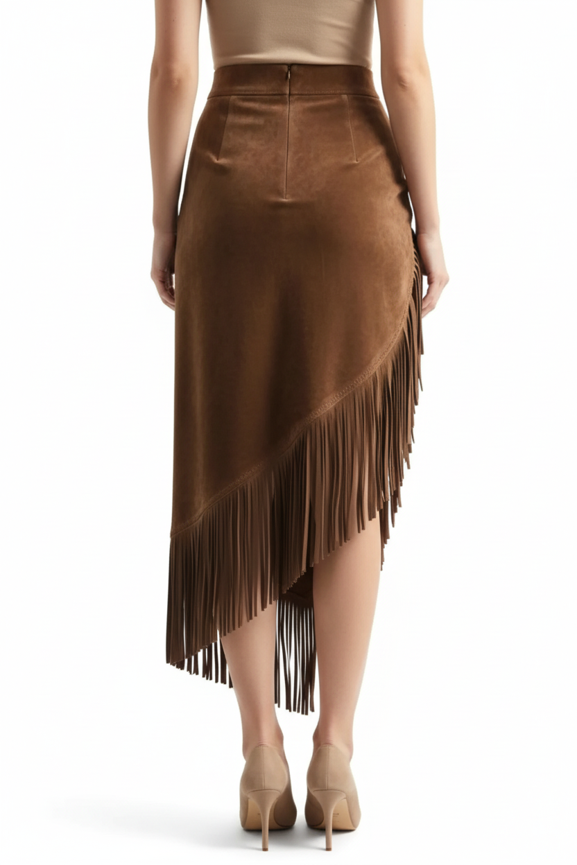 Jupe asymétrique franges suédine marron style bohème grande taille - vue arrière montrant la coupe asymétrique depuis l'arrière, tissu suédine premium, structure asymétrique moderne, finitions soignées - BLACK-COAT