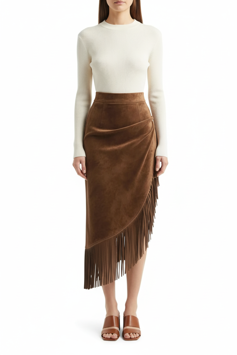 Jupe asymétrique franges suédine marron style bohème grande taille - vue de face montrant la coupe asymétrique unique créant lignes dynamiques, détails franges bohèmes le long de l'ourlet, tissu suédine premium doux, taille élastique, design moderne - BLACK-COAT