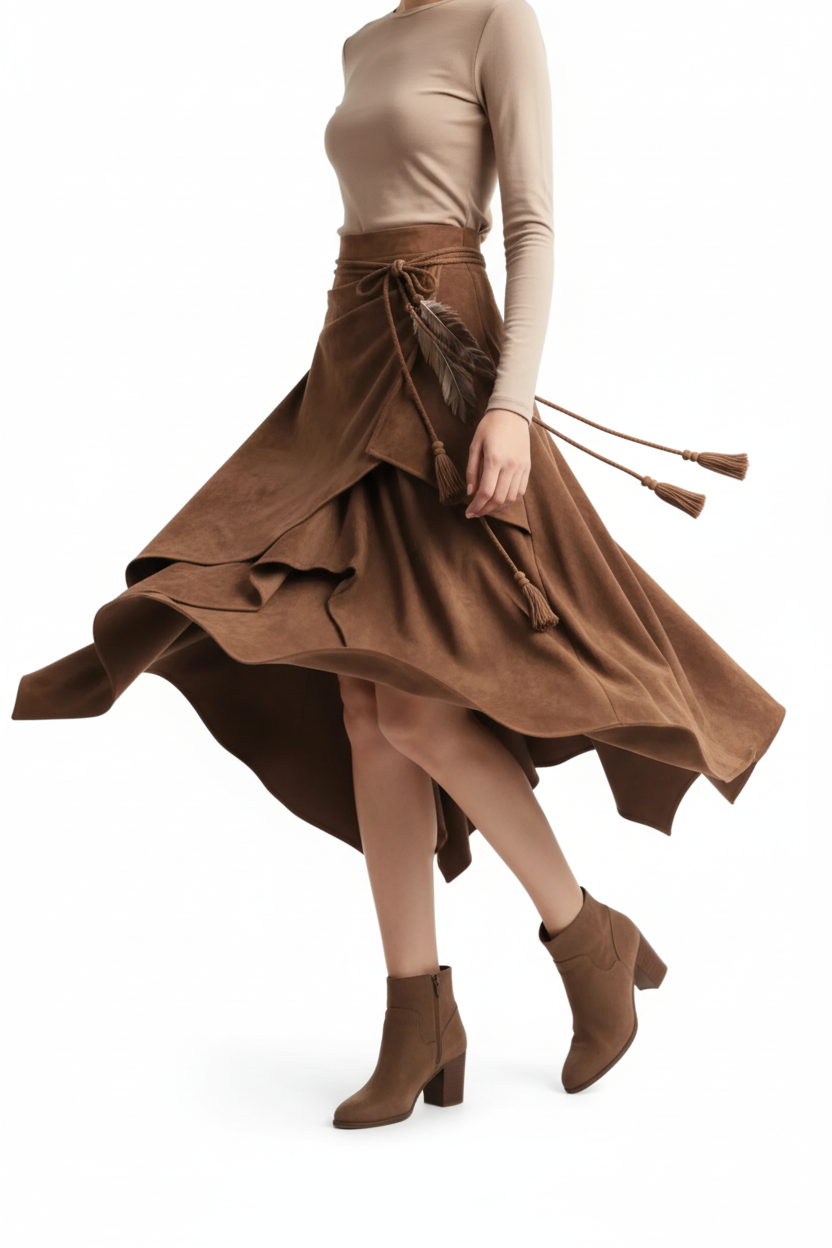 Jupe asymétrique pompons suédine plumes marron grande taille - vue en mouvement montrant les pompons et coupe asymétrique créant mouvement dynamique, effet moderne élégant, bohème en action - BLACK-COAT
