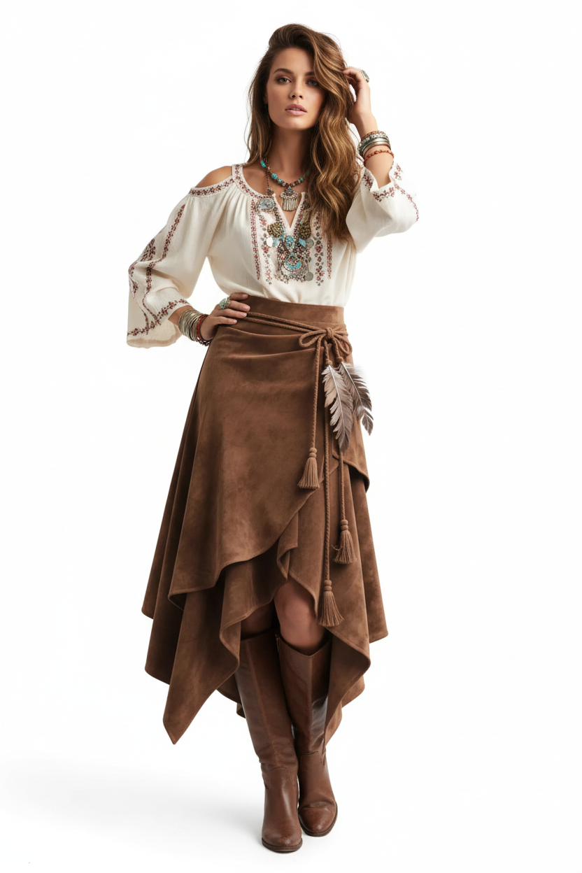 Jupe asymétrique pompons suédine plumes marron grande taille - stylée pour look bohème-chic montrant l'esthétique bohème audacieuse, expression de personnalité, style raffiné sophistiqué - BLACK-COAT