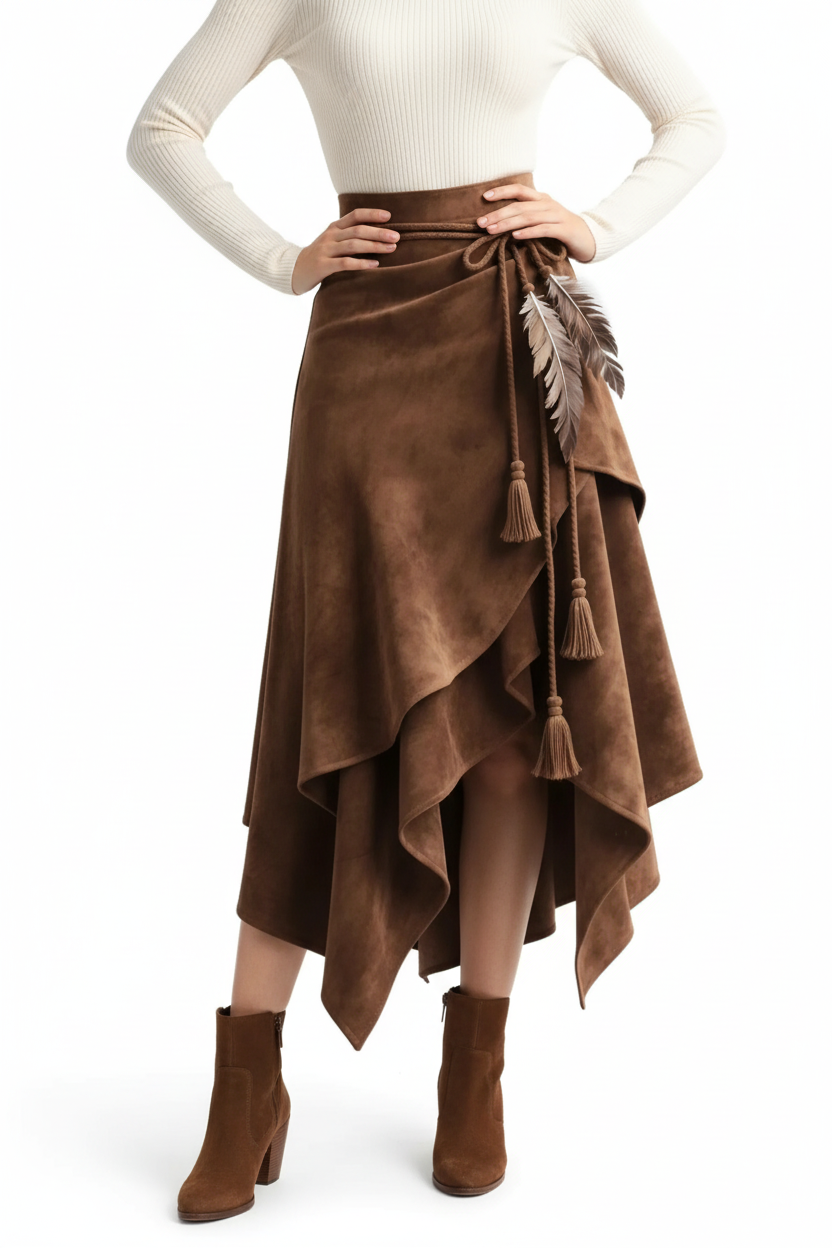 Jupe asymétrique pompons suédine plumes marron grande taille - pose confiante audacieuse montrant la coupe asymétrique moderne unique, pompons élégants, plumes, tissu suédine premium doux, expression personnalité bohème élégante - BLACK-COAT