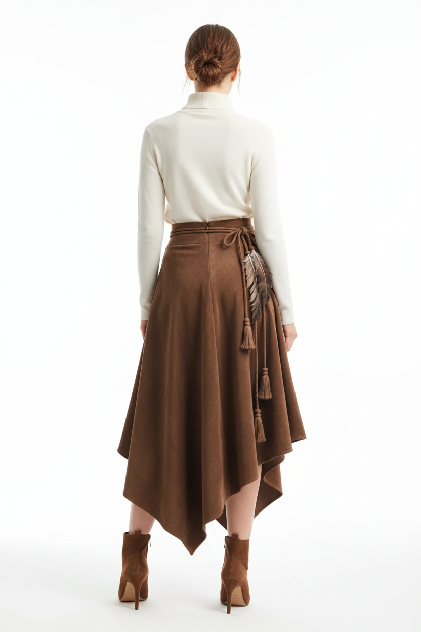 Jupe asymétrique pompons suédine plumes marron grande taille - vue arrière montrant la coupe asymétrique depuis l'arrière, tissu suédine premium, finitions soignées élégantes, structure asymétrique moderne - BLACK-COAT