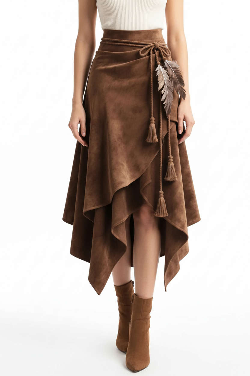 Jupe asymétrique pompons suédine plumes marron grande taille - vue de face montrant la coupe asymétrique moderne unique, pompons élégants décoratifs, ornements plumes, tissu suédine premium doux, esthétique bohème audacieuse - BLACK-COAT