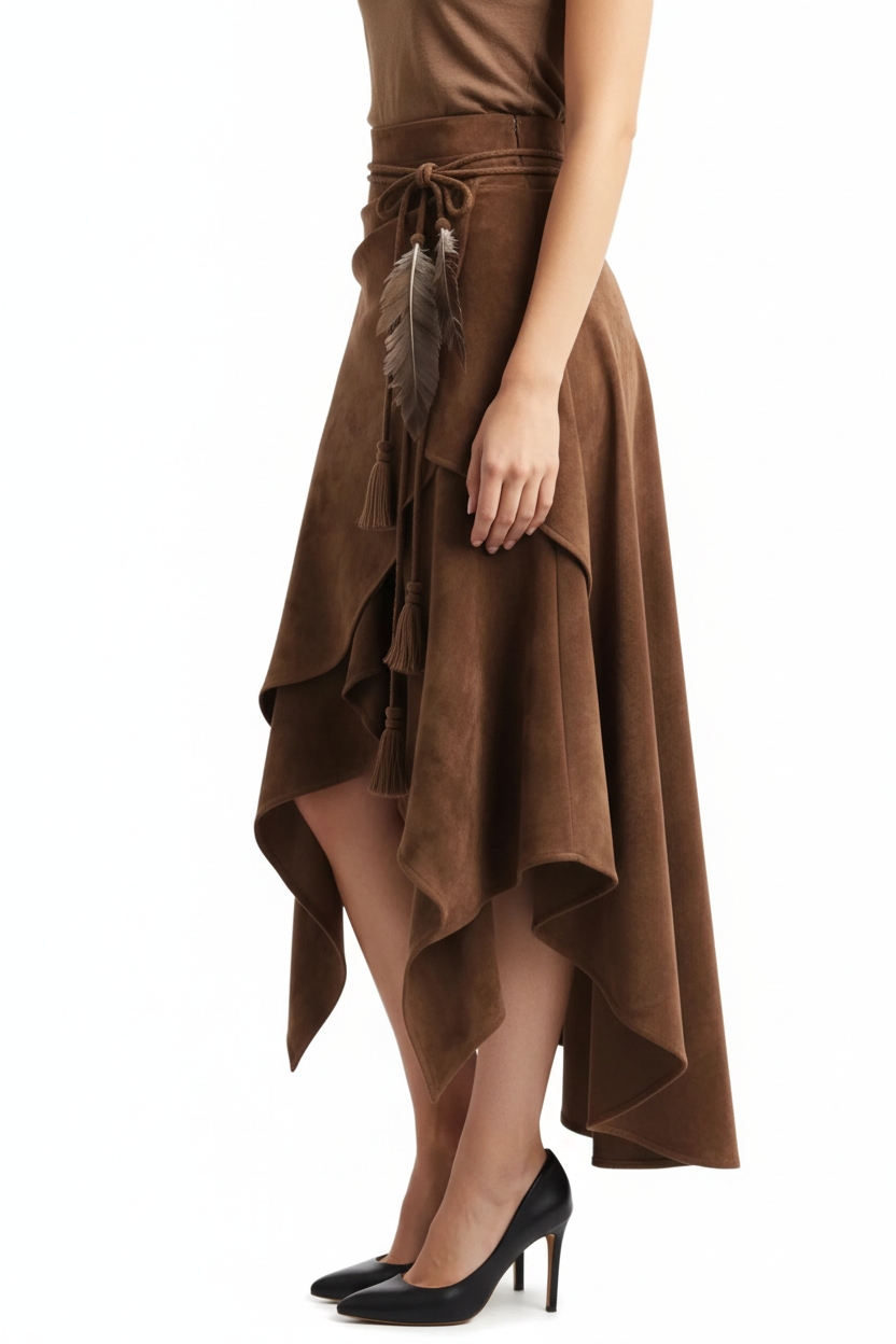 Jupe asymétrique pompons suédine plumes marron grande taille - vue de profil latéral montrant la coupe asymétrique visible depuis le côté, pompons décoratifs, ornements plumes, tissu suédine premium, silhouette flatteuse - BLACK-COAT