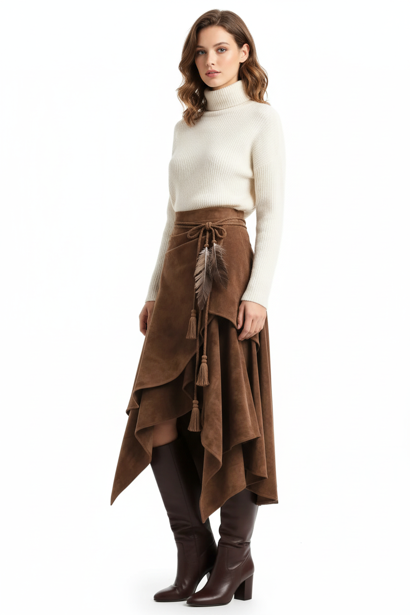 Jupe asymétrique pompons suédine plumes marron grande taille - vue trois-quarts à 45 degrés montrant la dimension complète du vêtement, coupe asymétrique, pompons décoratifs, plumes, style bohème audacieux - BLACK-COAT