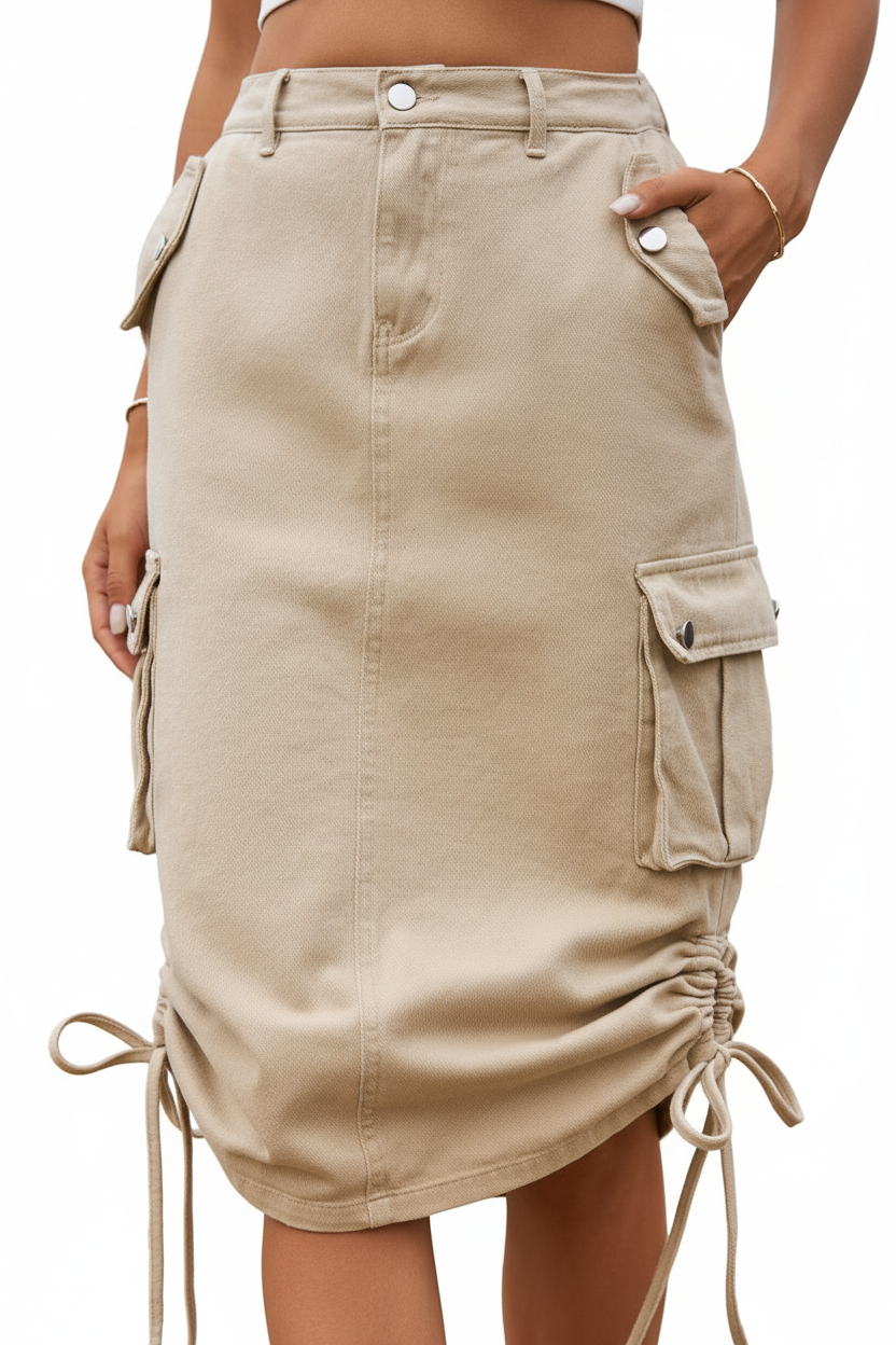 Jupe cargo beige - gros plan sur la fermeture à bouton à la taille et les cordons de serrage ajustables à l'ourlet pour un ajustement personnalisé - BLACK-COAT