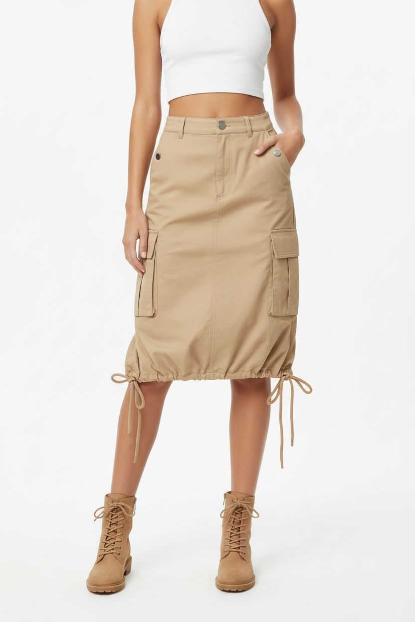 Jupe cargo beige avec poches latérales, fermeture à bouton et cordons de serrage ajustables à l'ourlet - vue de face montrant la silhouette complète et le style utilitaire chic - BLACK-COAT