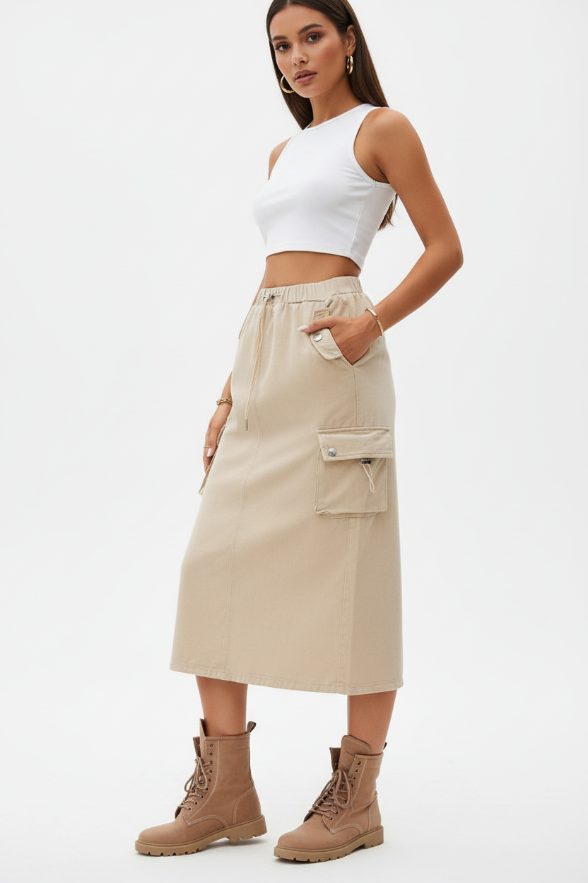 Jupe cargo beige mi-longue avec multiples poches latérales et cordon de serrage - vue trois-quarts présentant les proportions et le style militaire chic - BLACK-COAT