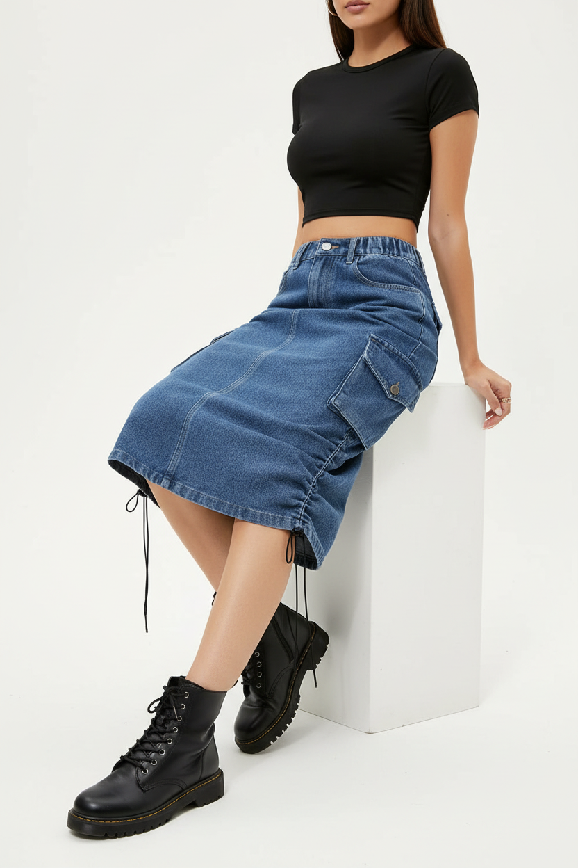 Jupe cargo en jean bleu mi-longue avec poches latérales - pose assise démontrant le tombé fluide du tissu et le confort d'utilisation - BLACK-COAT