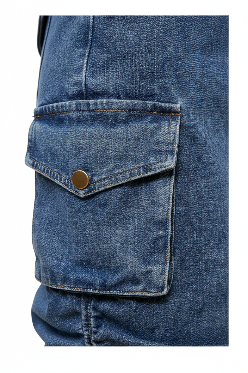 Jupe cargo en jean bleu mi-longue - gros plan sur la poche cargo latérale et la texture du tissu denim délavé - BLACK-COAT