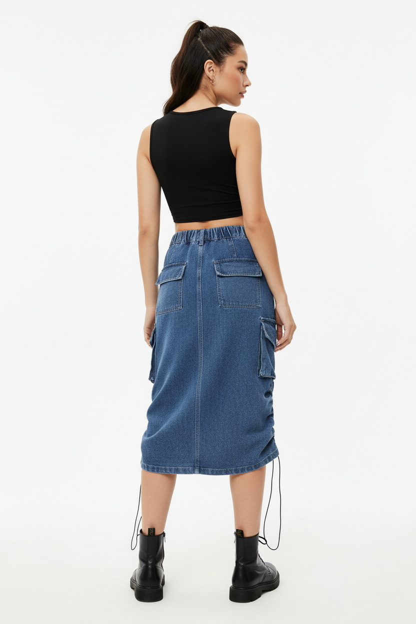 Jupe cargo en jean bleu mi-longue avec poches latérales et cordons de serrage - vue de dos montrant la coupe droite et les détails de finition - BLACK-COAT