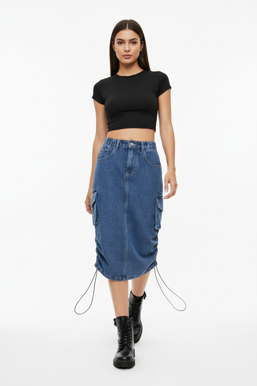  Jupe cargo en jean bleu mi-longue avec poches latérales - pose en mouvement de face illustrant le confort et la mobilité du vêtement - BLACK-COAT