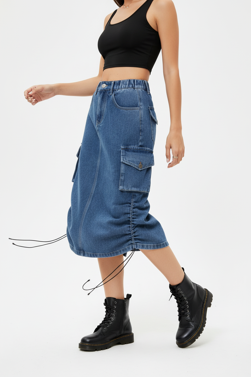  Jupe cargo en jean bleu mi-longue avec poches latérales - pose dynamique en mouvement révélant la fluidité et l'amplitude de la jupe - BLACK-COAT