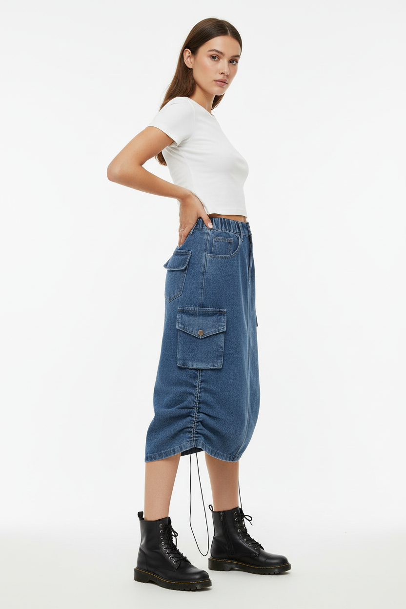 Jupe cargo en jean bleu mi-longue avec poches latérales - vue de profil opposé montrant la symétrie des poches cargo et la coupe équilibrée - BLACK-COAT