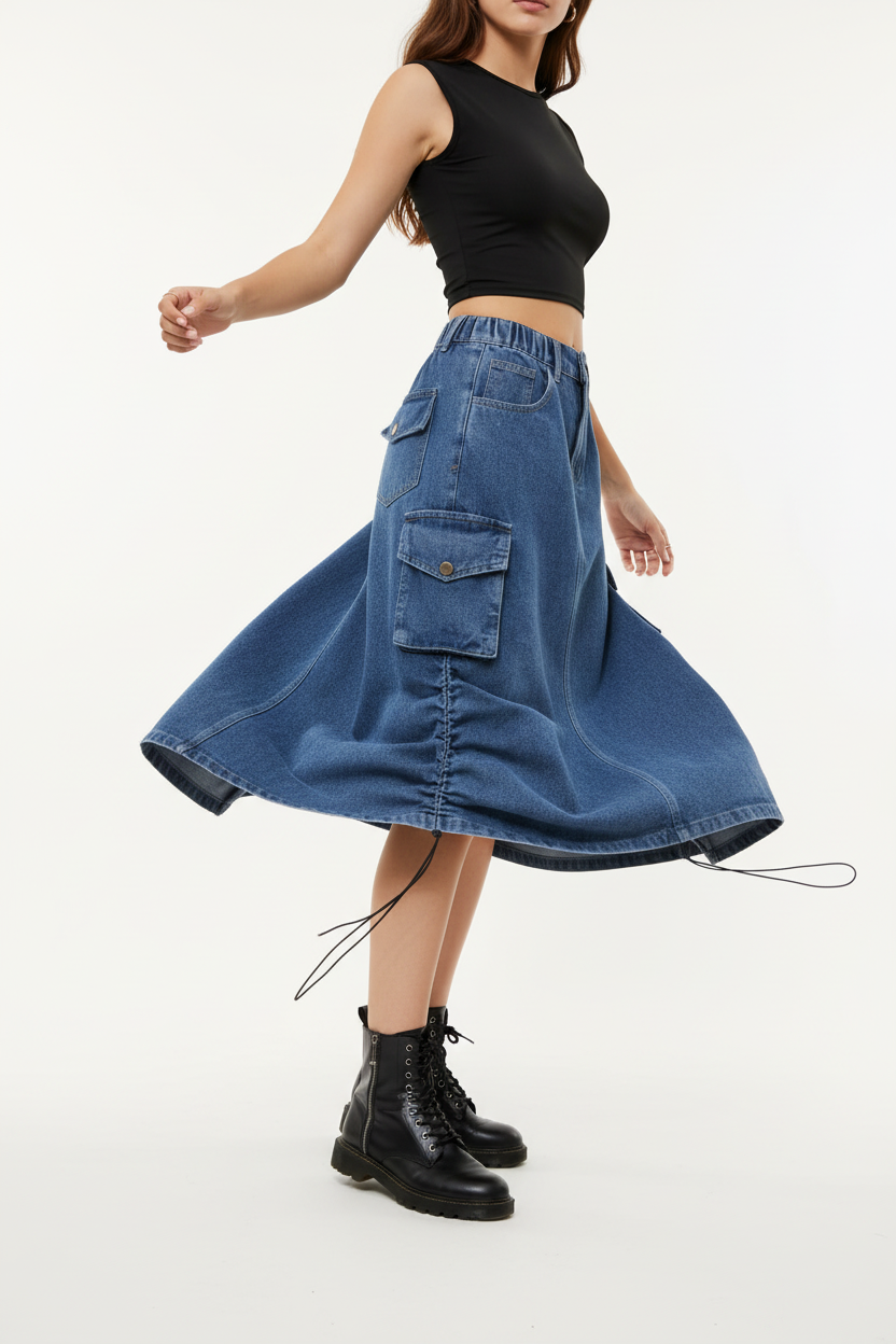  Jupe cargo en jean bleu mi-longue avec poches latérales - pose en rotation montrant le mouvement fluide du tissu denim et l'amplitude de la jupe - BLACK-COAT