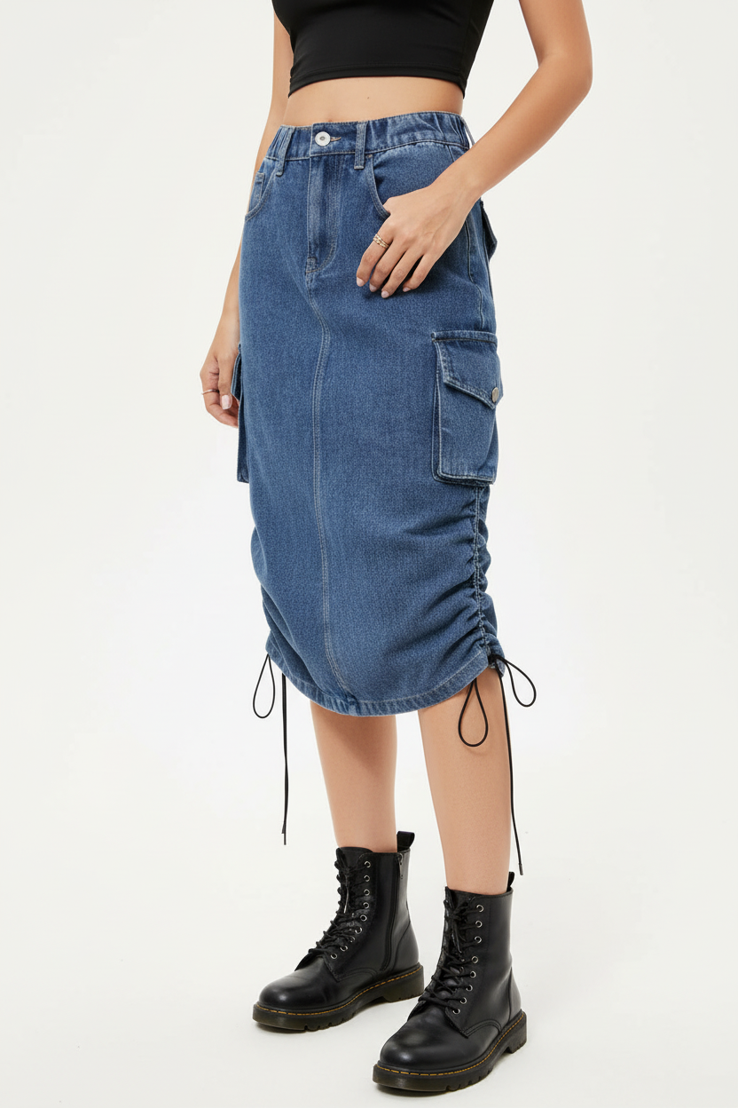 Jupe cargo en jean bleu mi-longue avec poches latérales et cordons de serrage - vue trois-quarts présentant les proportions et le style urbain - BLACK-COAT