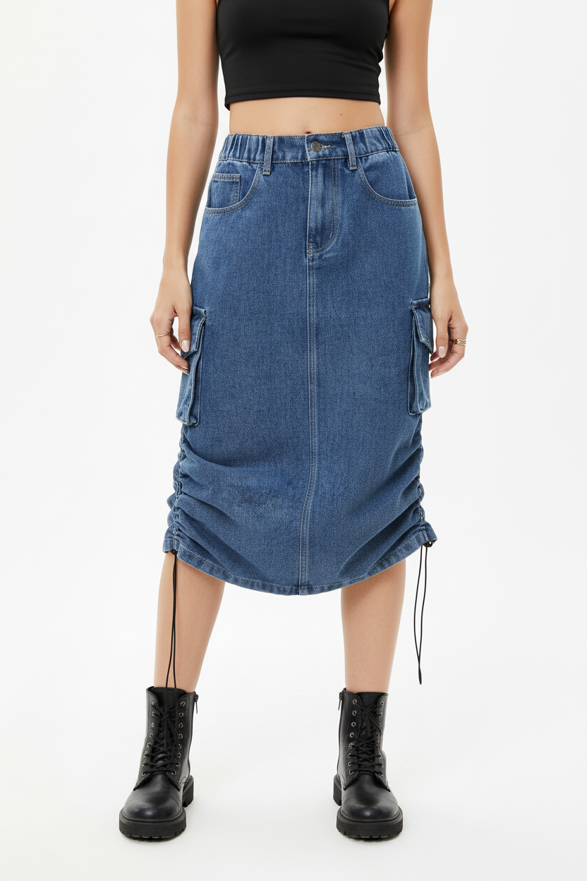 Jupe cargo en jean bleu mi-longue avec poches latérales et cordons de serrage à l'ourlet - vue de face montrant la silhouette complète et la coupe décontractée - BLACK-COAT