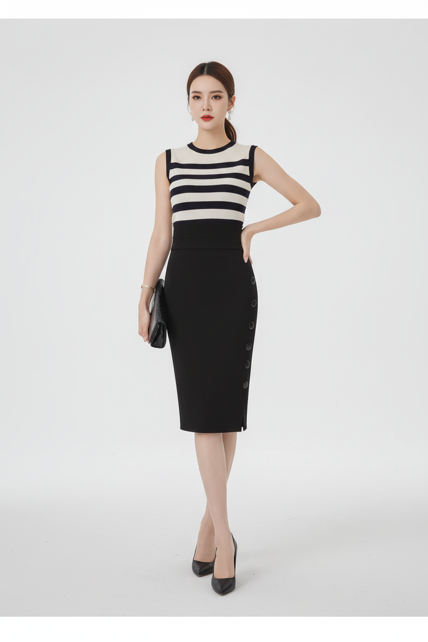 Jupe crayon midi noire à boutons latéraux vue complète montrant la silhouette élégante professionnelle, la fente latérale et le style bureau sophistiqué - BLACK-COAT