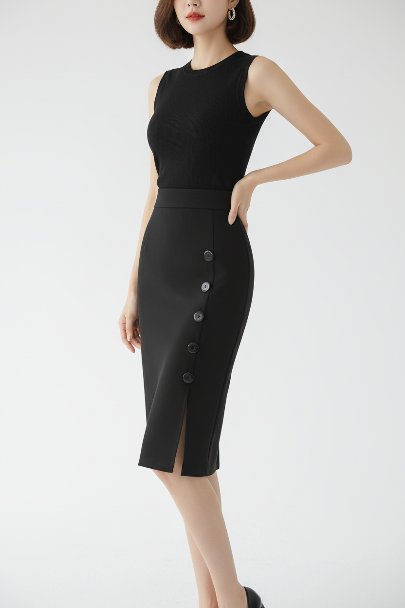 Jupe crayon midi noire à boutons vue trois-quarts montrant l'ensemble du design professionnel avec fente latérale et détails boutonnés - BLACK-COAT