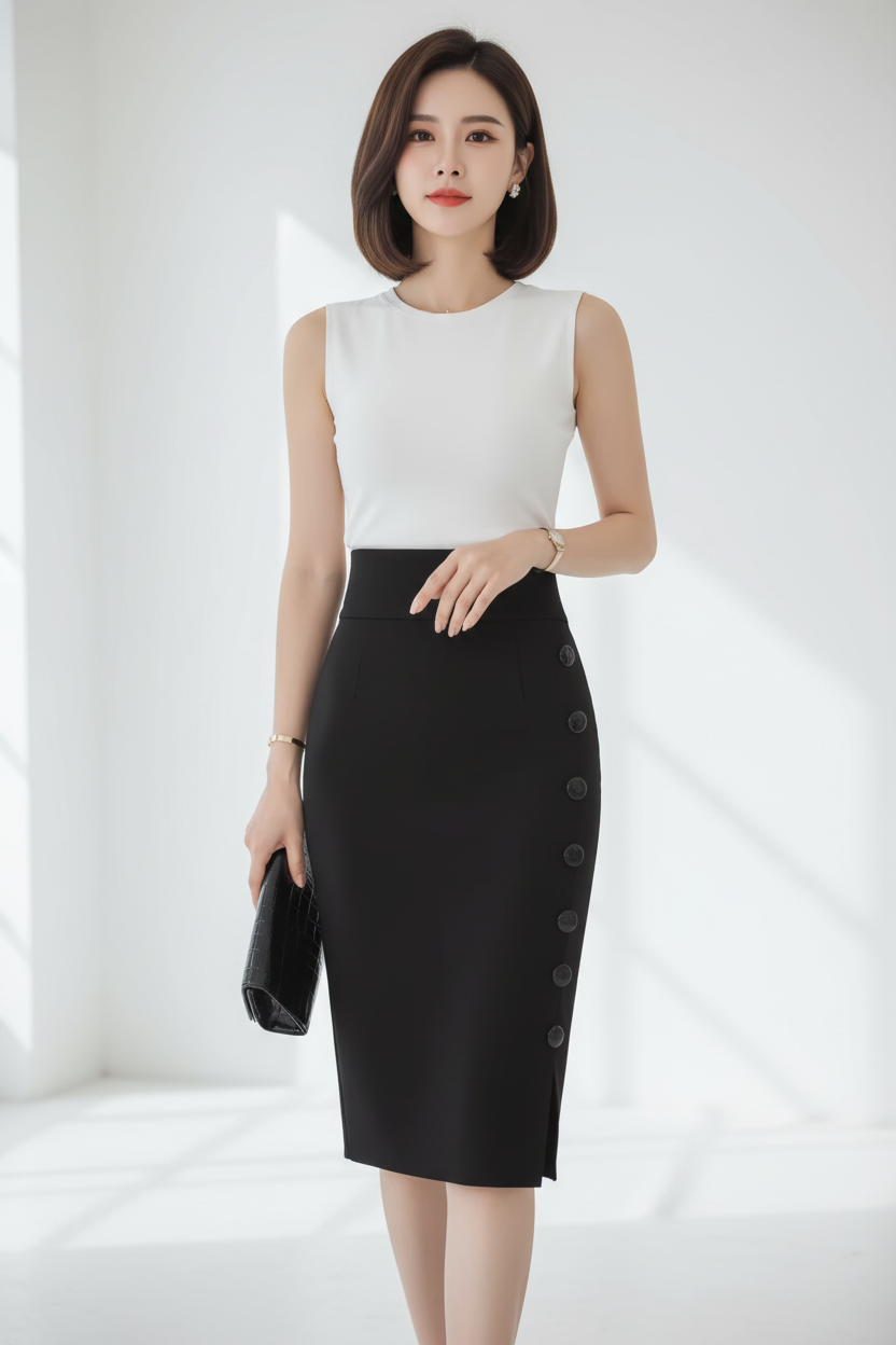 Jupe crayon midi noire bureau vue de face montrant les boutons latéraux décoratifs, la coupe ajustée professionnelle et la taille haute élégante - BLACK-COAT