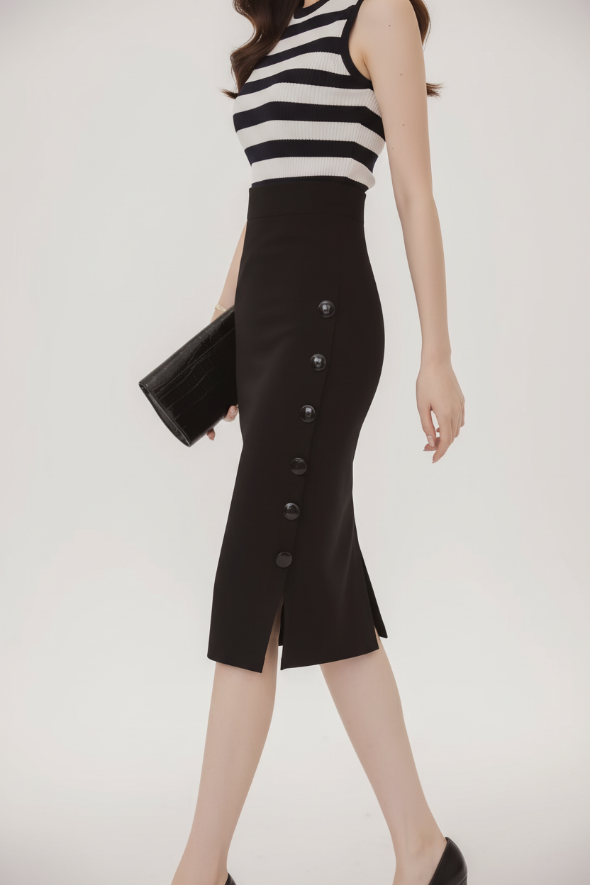 Jupe crayon midi noire vue de profil révélant la fente latérale avec boutons, la coupe crayon flatteuse et le style bureau sophistiqué - BLACK-COAT