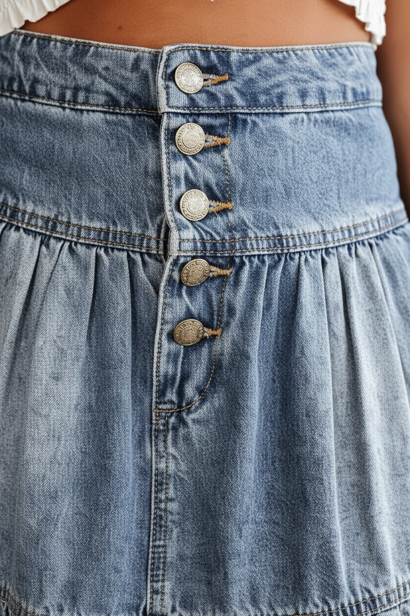 Jupe denim étagée à boutons jean volants bleu clair - détail rapproché de la fermeture boutonnée décorative dorée, construction des boutons, texture denim, détails décoratifs ajoutant intérêt visuel - BLACK-COAT
