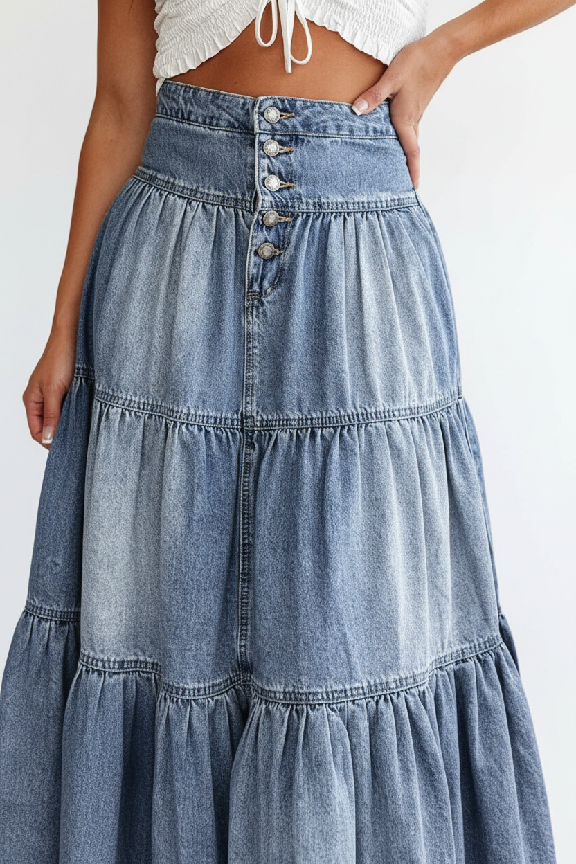 Jupe denim étagée à boutons jean volants bleu clair - détail rapproché de la ceinture et premier tier montrant la fermeture boutonnée en haut, premier volant étagé, ajustement à la taille - BLACK-COAT