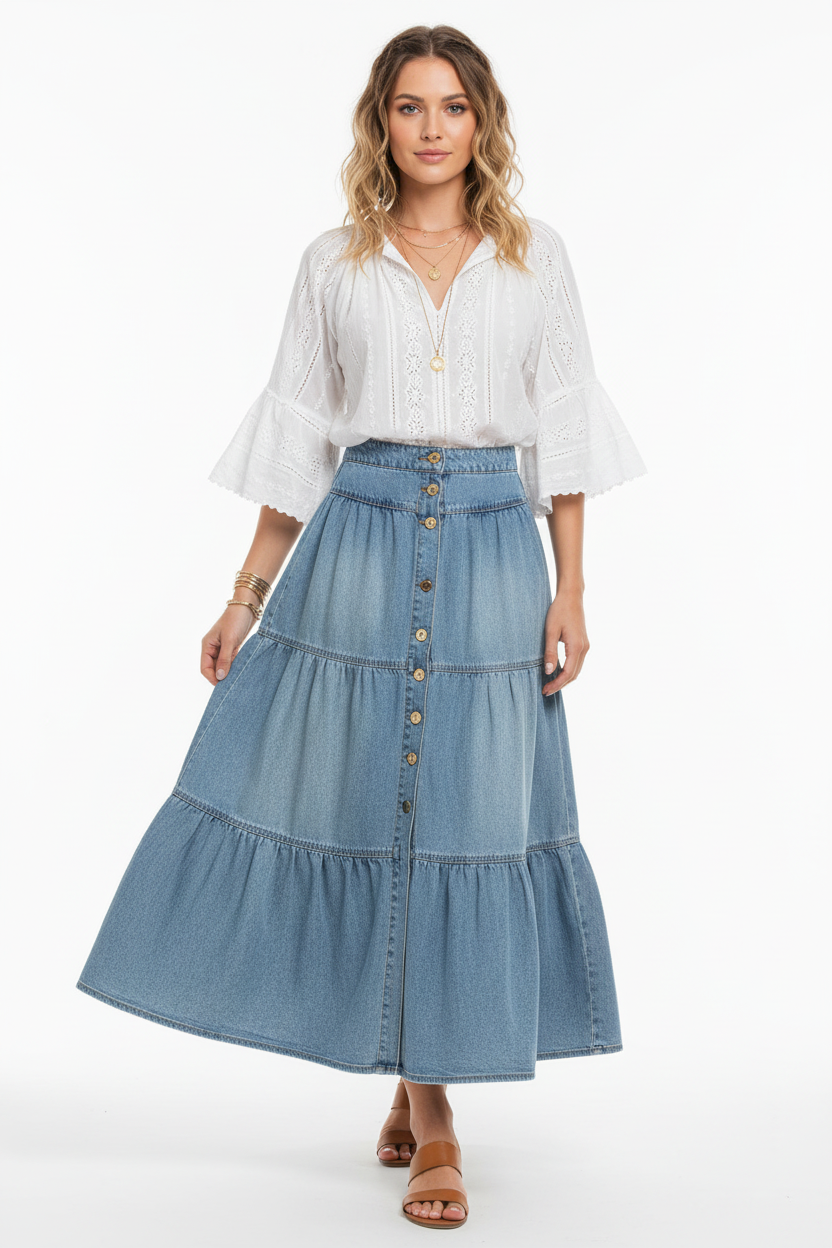 Jupe denim étagée à boutons jean volants bleu clair - stylée pour look casual bohème montrant l'esthétique bohème féminine, polyvalence du vêtement, style décontracté chic romantique - BLACK-COAT