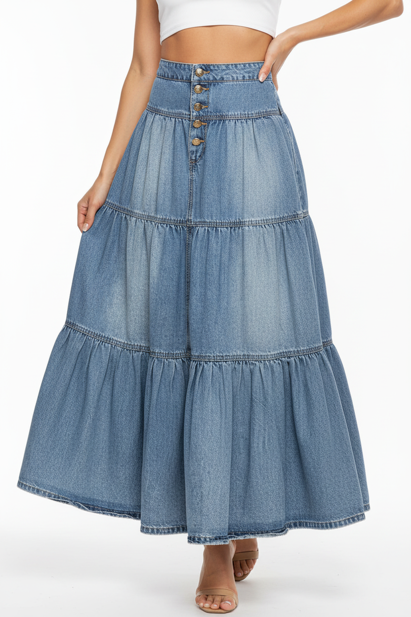 Jupe denim étagée à boutons jean volants bleu clair - pose confiante élégante montrant le design étagé bohème avec volants en cascade, boutons décoratifs dorés, silhouette ligne A flatteuse, féminité romantique polyvalente - BLACK-COAT