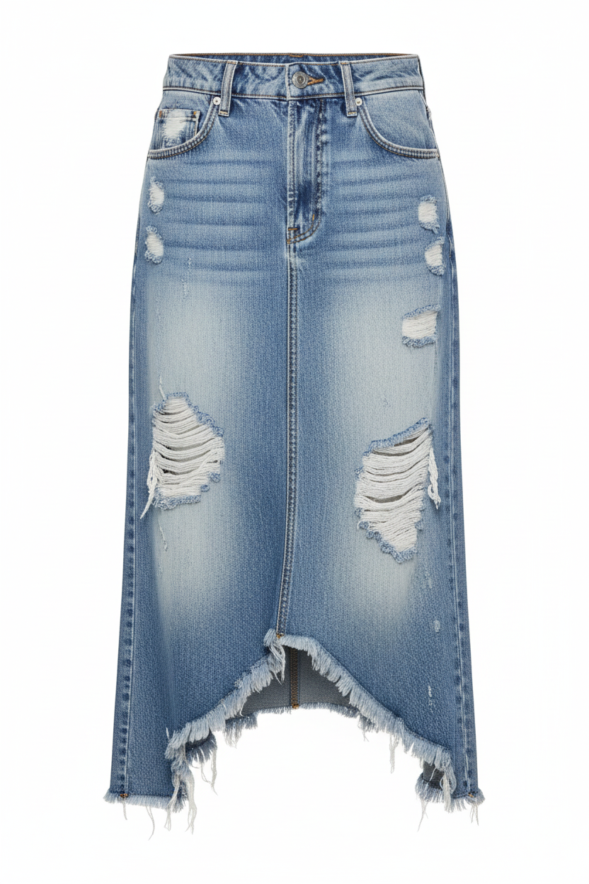 Vue arrière en mouvement : "Jupe midi en jean délavé bleu clair avec ourlet effiloché - vue arrière montrant le mannequin en mouvement avec finitions brutes et poches classiques - BLACK-COAT"