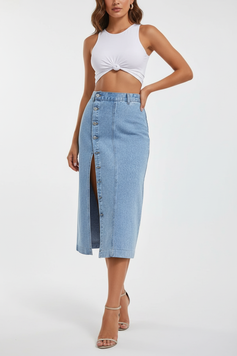 Jupe en jean bleu clair midi à boutons devant vue de face montrant la rangée de boutons décoratifs, la coupe droite et le denim délavé classique - BLACK-COAT