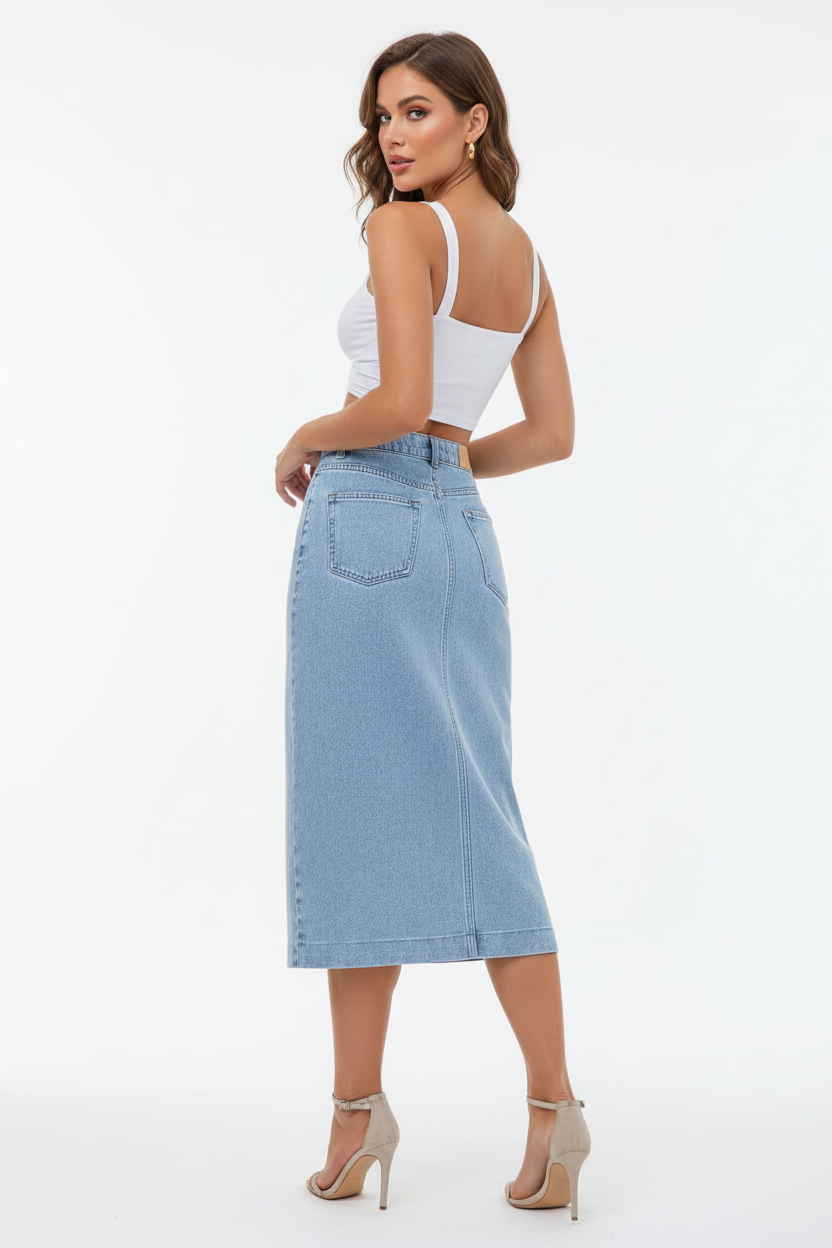 Jupe en jean bleu clair midi vue de dos montrant la longueur midi sophistiquée, la coupe droite et les finitions denim soignées - BLACK-COAT
