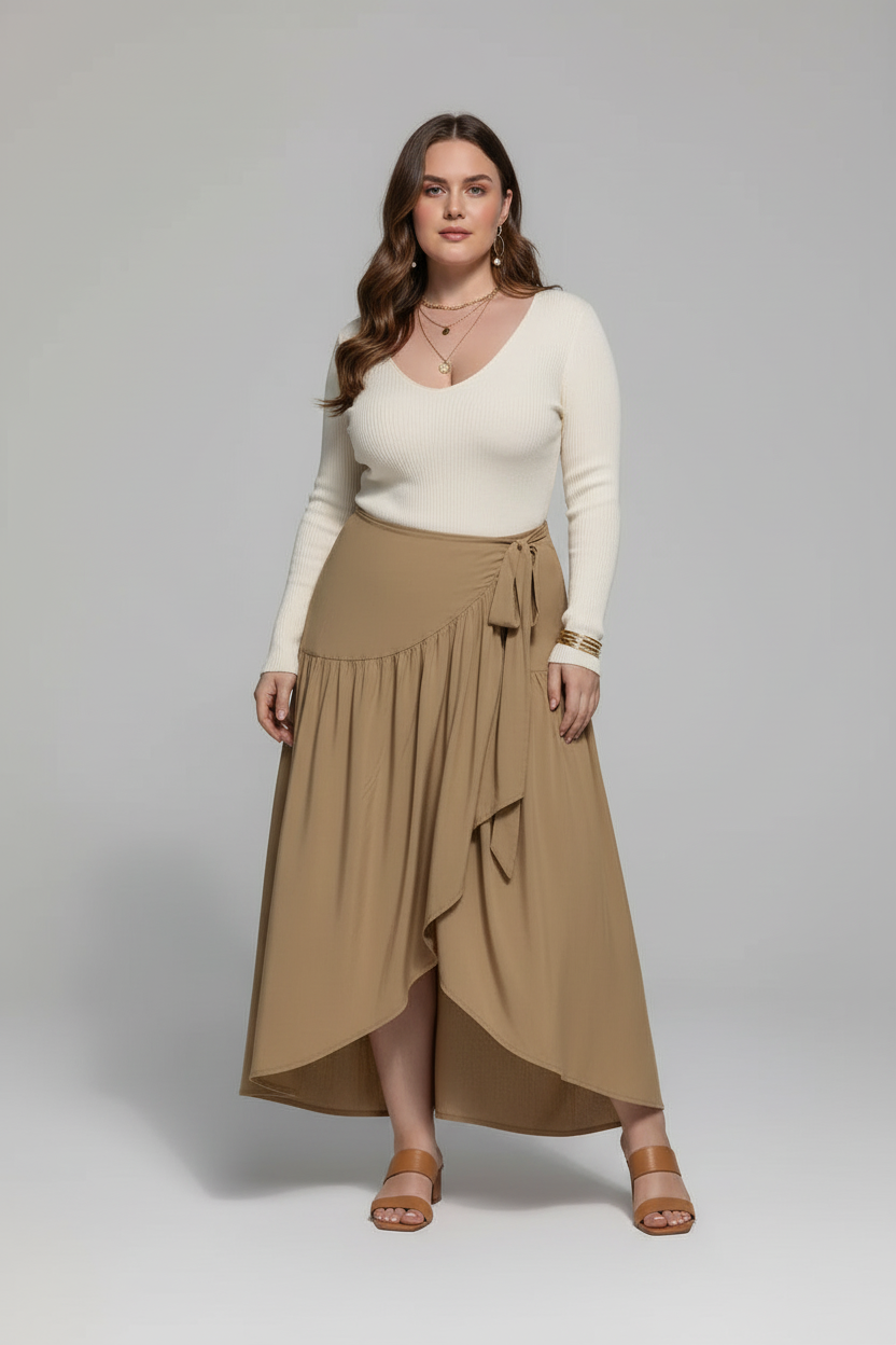 Jupe grande taille asymétrique high-low beige vue de face montrant la ceinture à nouer élégante, les volants décoratifs et l'ourlet asymétrique moderne - BLACK-COAT