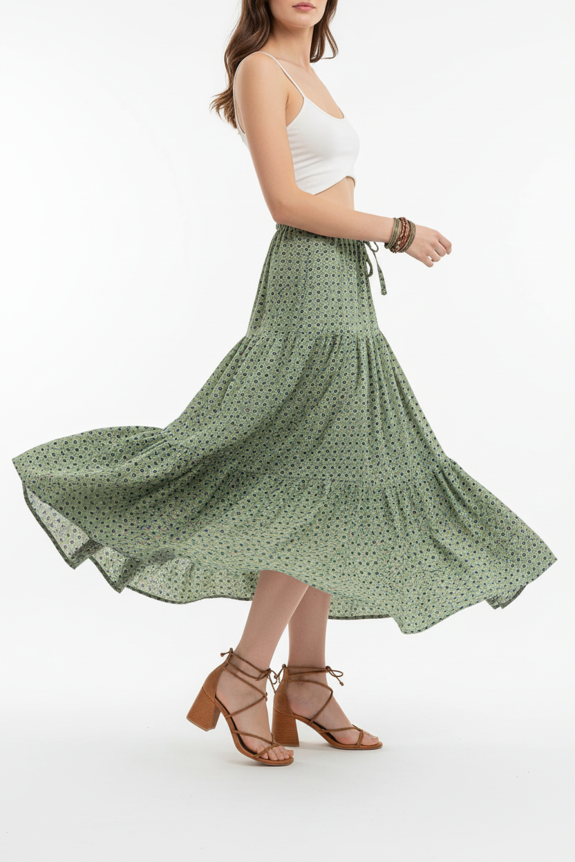 Jupe maxi bohème verte à volants étagés en mouvement montrant le tissu fluide en twirl, les volants aériens et la silhouette romantique élégante - BLACK-COAT