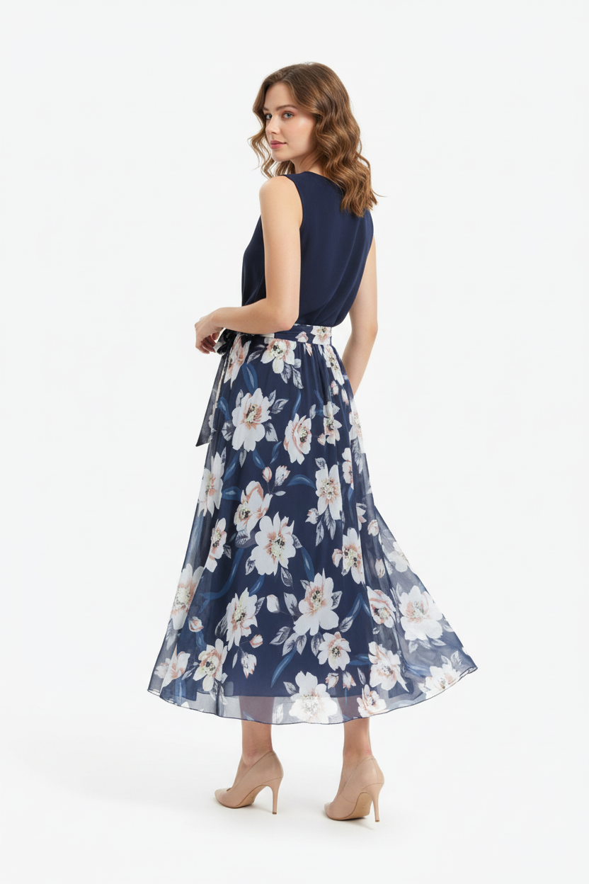 Jupe maxi imprimé floral bleu foncé avec ceinture à nouer - vue arrière trois-quarts avec mannequin regardant par-dessus l'épaule montrant détail ceinture nouée tissu floral fluide et drapé élégant de la jupe maxi - BLACK-COAT