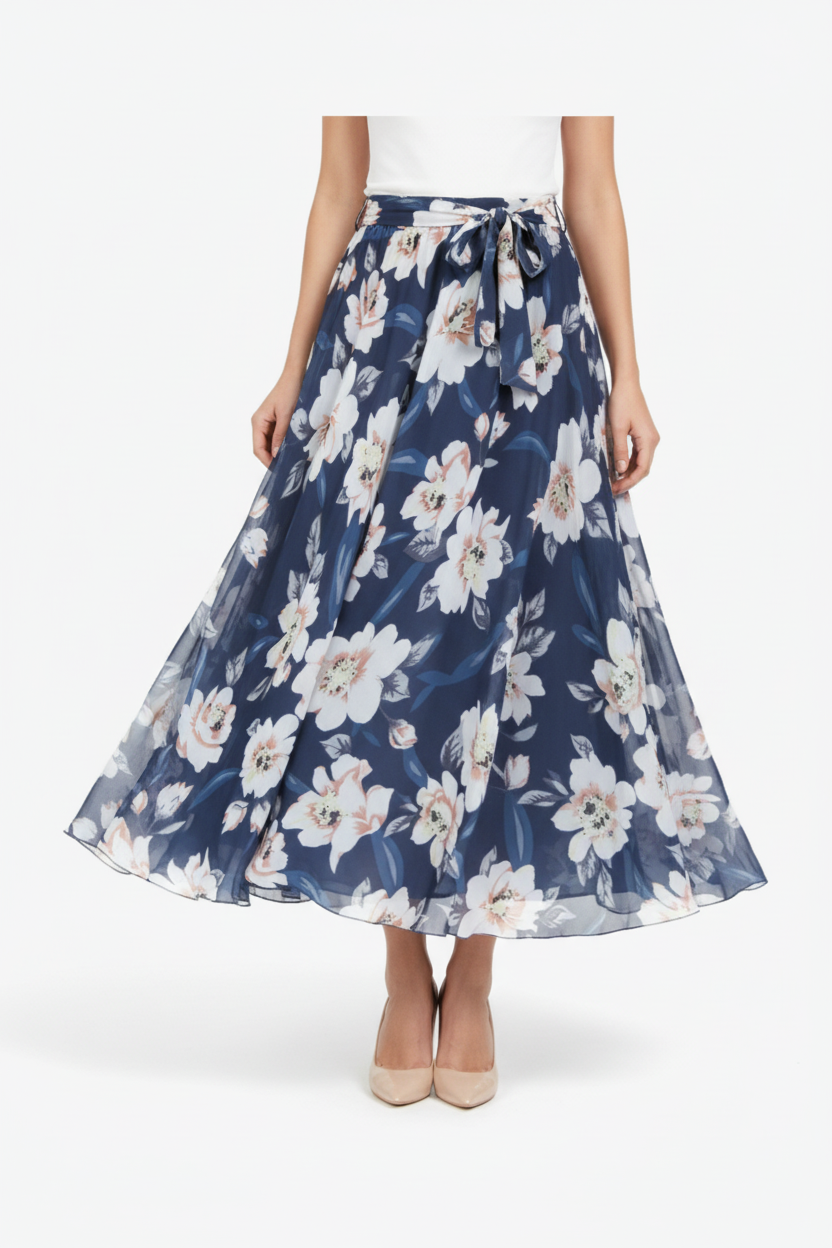 Jupe maxi imprimé floral bleu foncé avec ceinture à nouer - gros plan du bas de jupe des cuisses aux chevilles montrant motif floral blanc sur tissu bleu foncé en mouvement avec matière polyester fluide et longueur maxi élégante - BLACK-COAT
