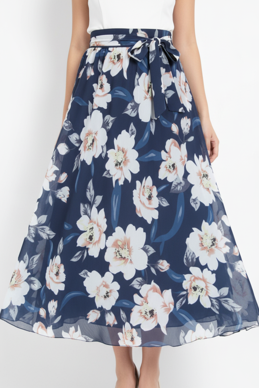 Jupe maxi imprimé floral bleu foncé avec ceinture à nouer - gros plan de la taille aux cuisses montrant détails de la ceinture ajustable à nouer motif floral blanc romantique sur fond bleu foncé et tissu polyester fluide avec mannequin en léger mouvement - BLACK-COAT