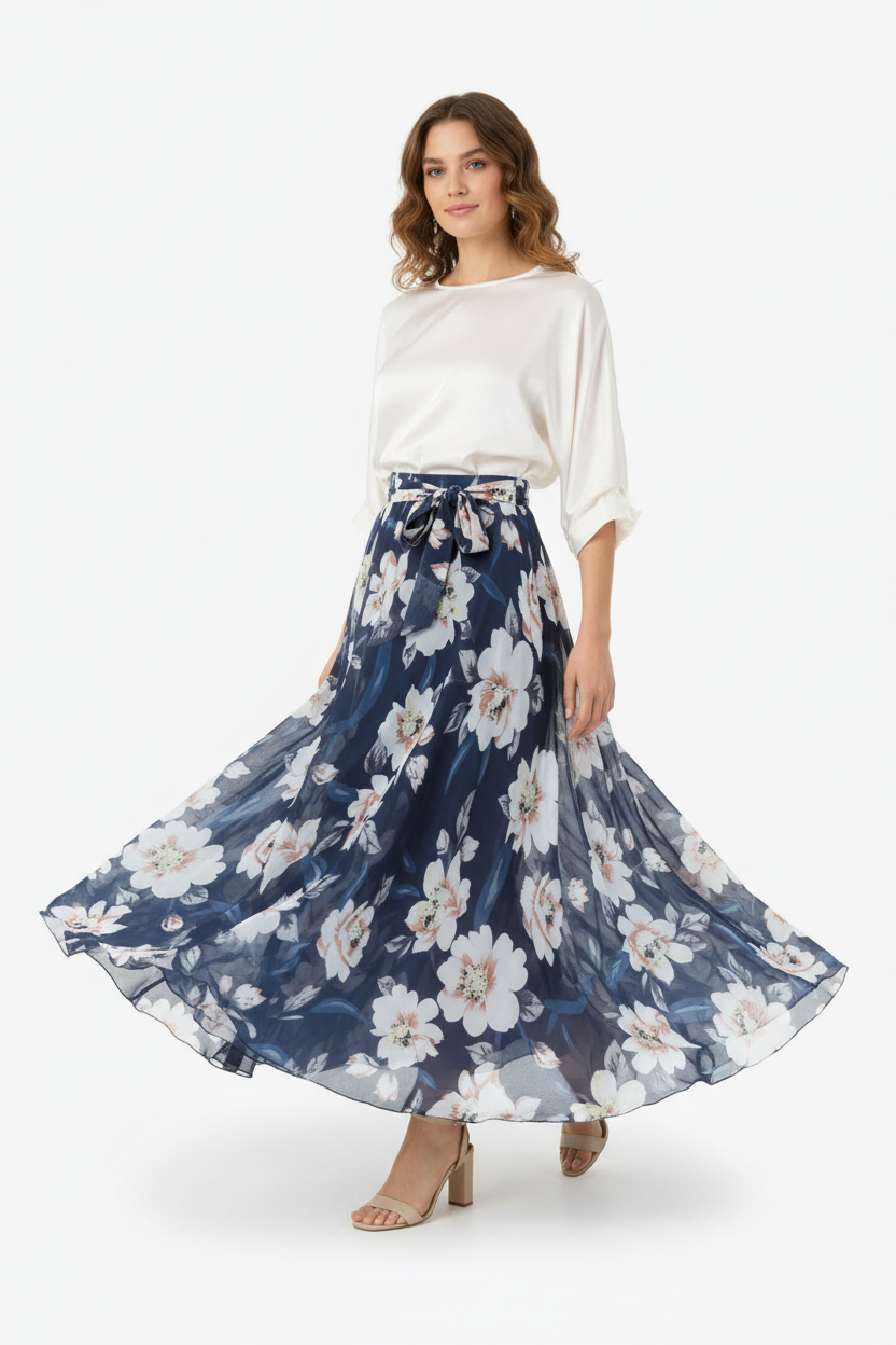 Jupe maxi imprimé floral bleu foncé avec ceinture à nouer - vue frontale-latérale capturant la marche dynamique avec tissu floral et longueur maxi en mouvement gracieux style bohème-chic - BLACK-COAT