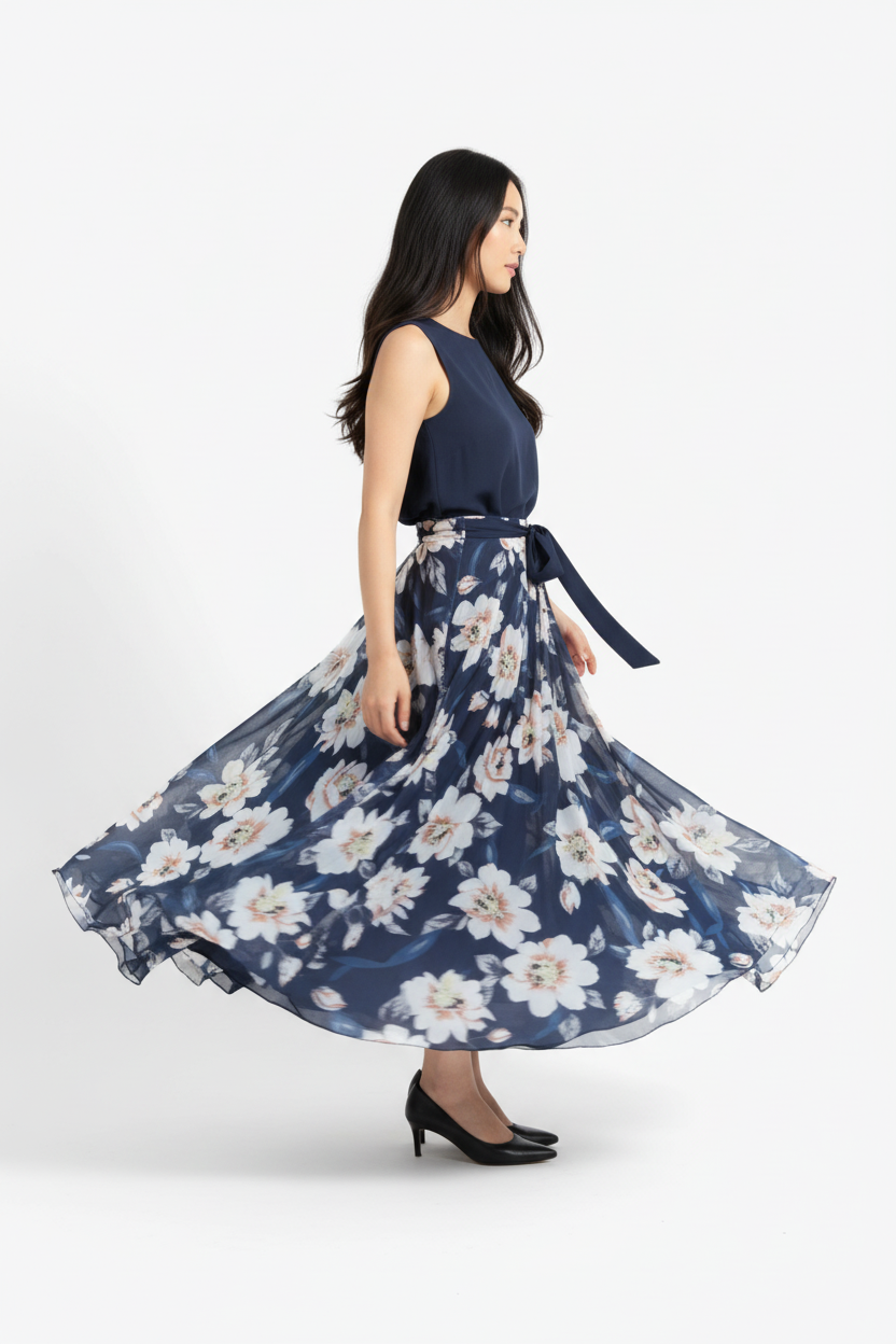 Jupe maxi imprimé floral bleu foncé avec ceinture à nouer - vue de profil latéral capturant le mouvement de rotation dynamique avec tissu floral fluide et jupe maxi tourbillonnant gracieusement - BLACK-COAT