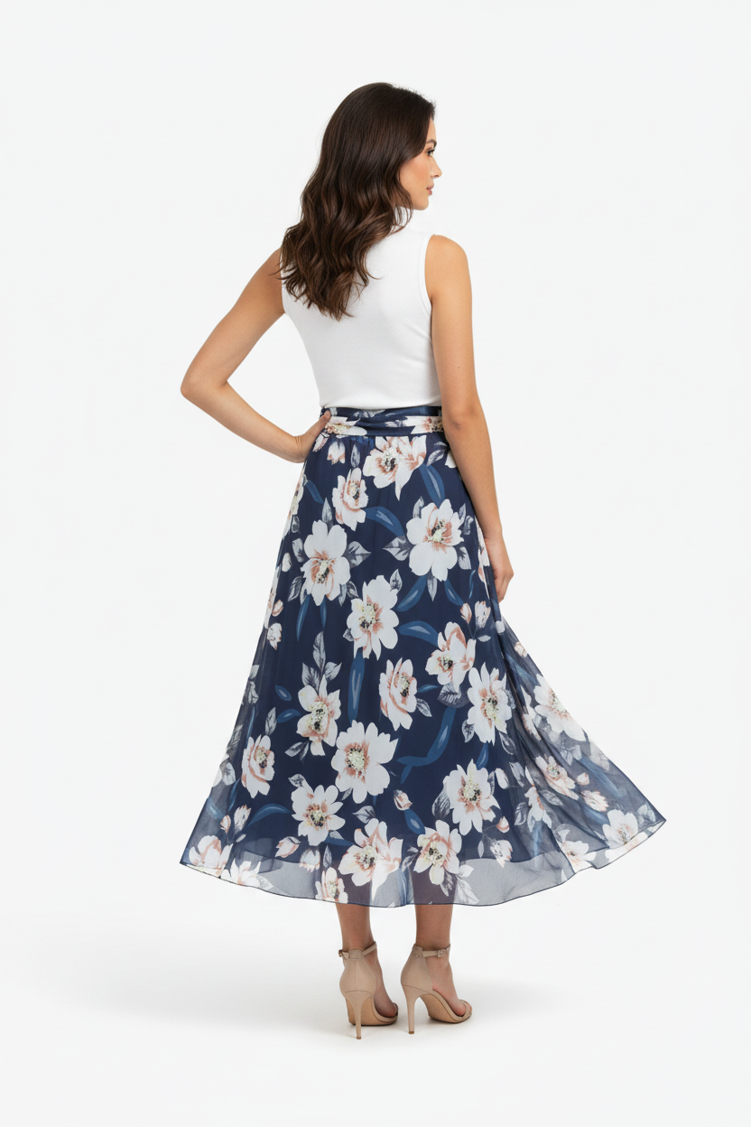 Jupe maxi imprimé floral bleu foncé avec ceinture à nouer - vue trois-quarts avec pose main sur hanche mettant en valeur la ceinture à nouer à la taille motif floral romantique et silhouette maxi fluide - BLACK-COAT
