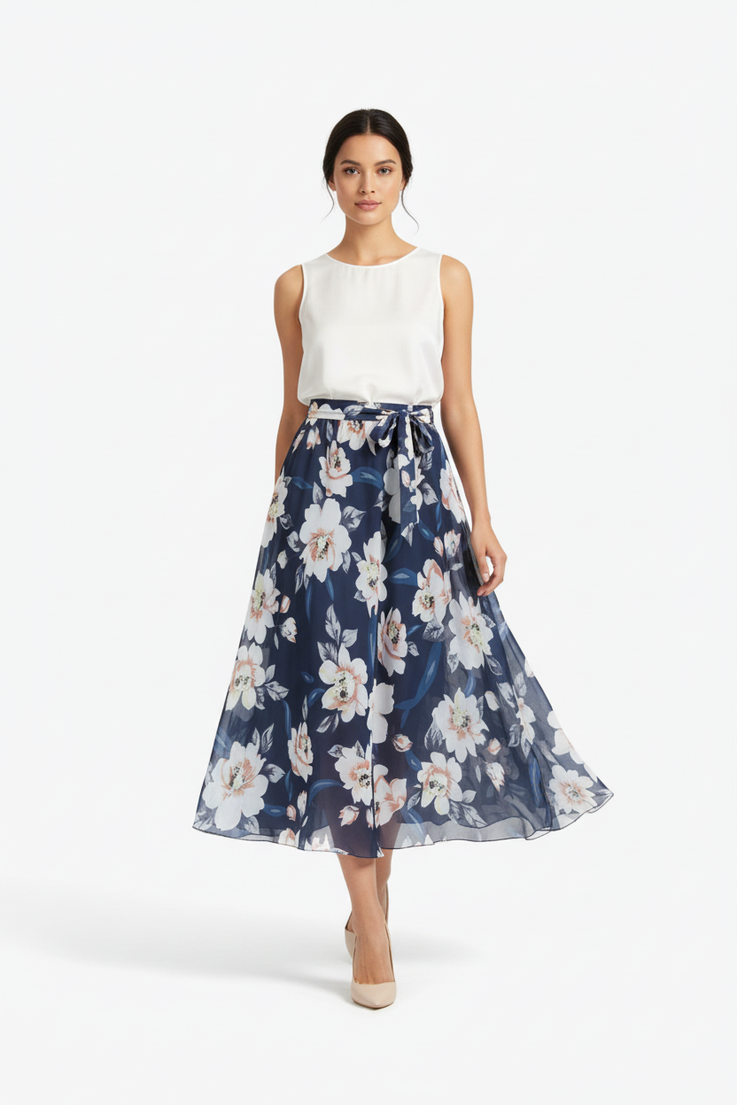 Jupe maxi imprimé floral bleu foncé avec ceinture à nouer - vue de face montrant mannequin en mouvement de marche naturelle avec motif floral blanc romantique ceinture ajustable à la taille silhouette A-line fluide et longueur maxi - BLACK-COAT