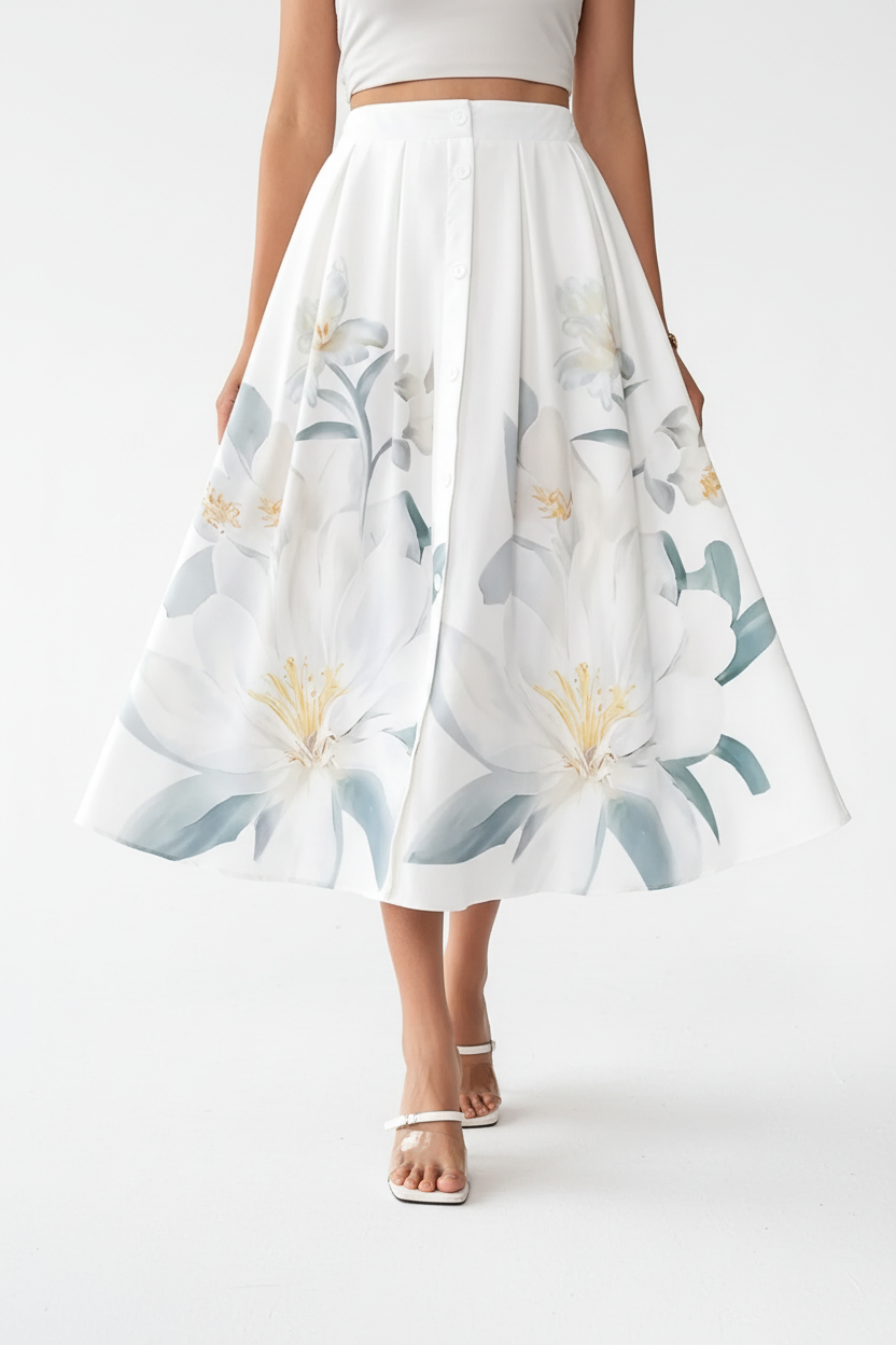  Jupe midi imprimé floral blanc boutonnée - vue de face complète avec jambe avant créant flux naturel du tissu montrant boutons décoratifs taille élastique motif floral romantique silhouette A-line fluide et longueur midi intégrale - BLACK-COAT