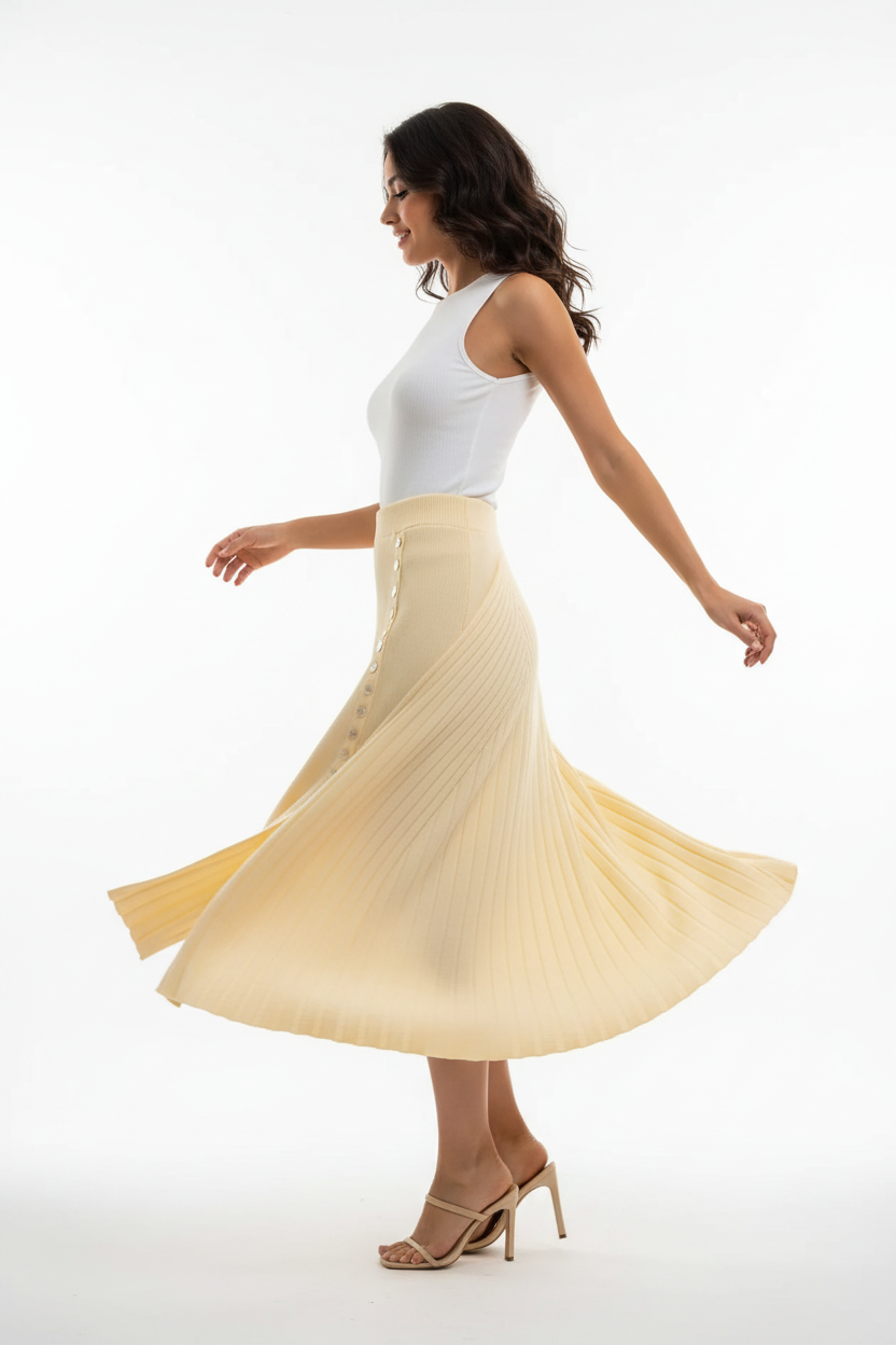 Jupe midi côtelée fendue taille élastique jaune clair avec boutons - vue de profil latéral capturant le mouvement de rotation dynamique avec ouverture de la fente latérale texture côtelée et jupe midi fluide en mouvement gracieux - BLACK-COAT