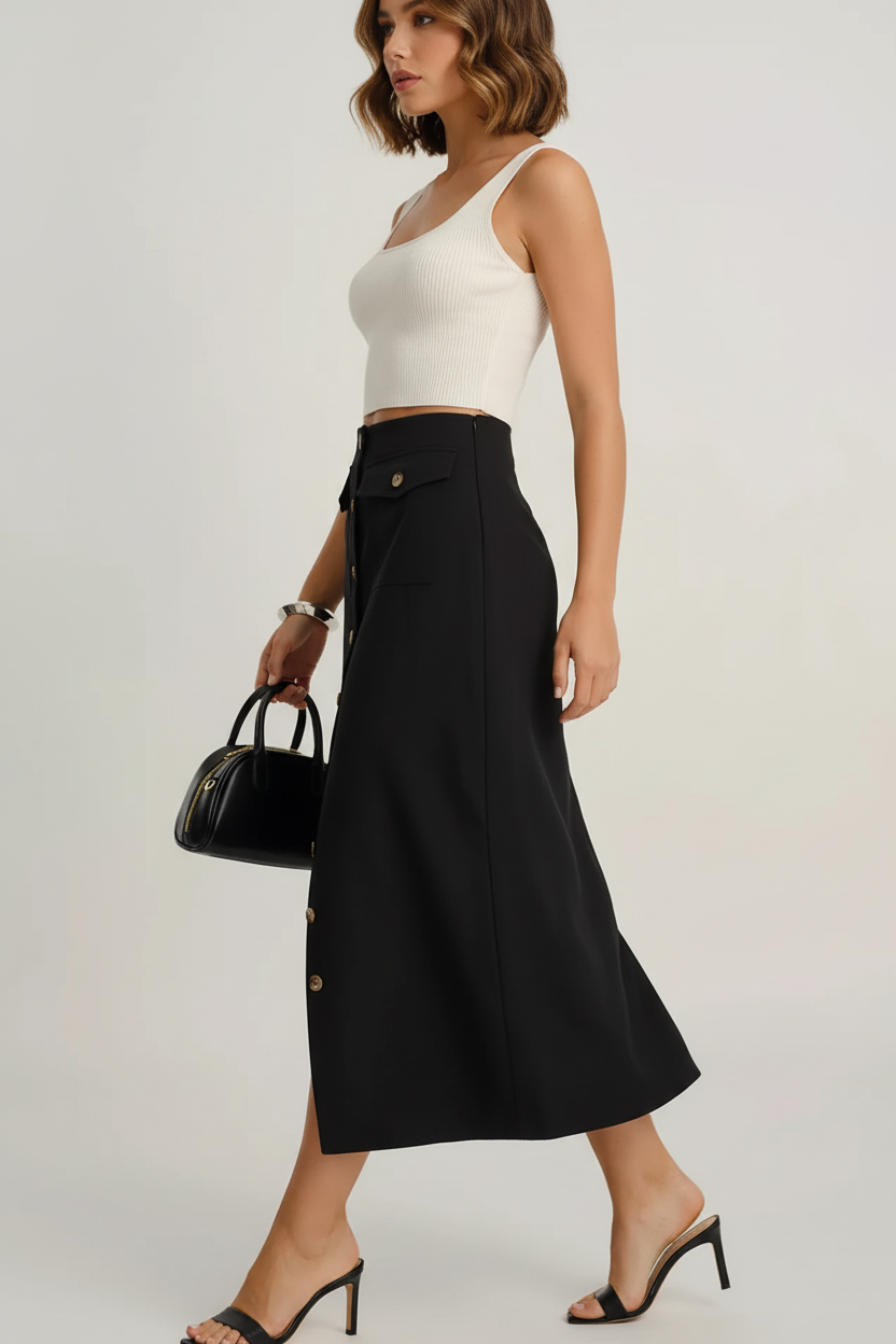 Jupe midi noire à boutons et poches vue de profil révélant la coupe droite midi élégante, les détails de boutons et la silhouette sophistiquée - BLACK-COAT