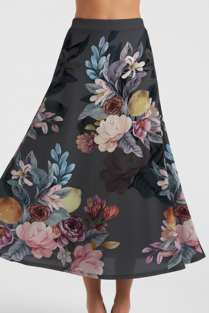 Jupe midi imprimée taille élastique noire avec motif floral artistique rose jaune bordeaux - gros plan du bas de jupe des cuisses aux mollets montrant motif floral artistique aux couleurs vibrantes sur fond noir en mouvement avec tissu polyester-spandex fluide et longueur midi élégante - BLACK-COAT